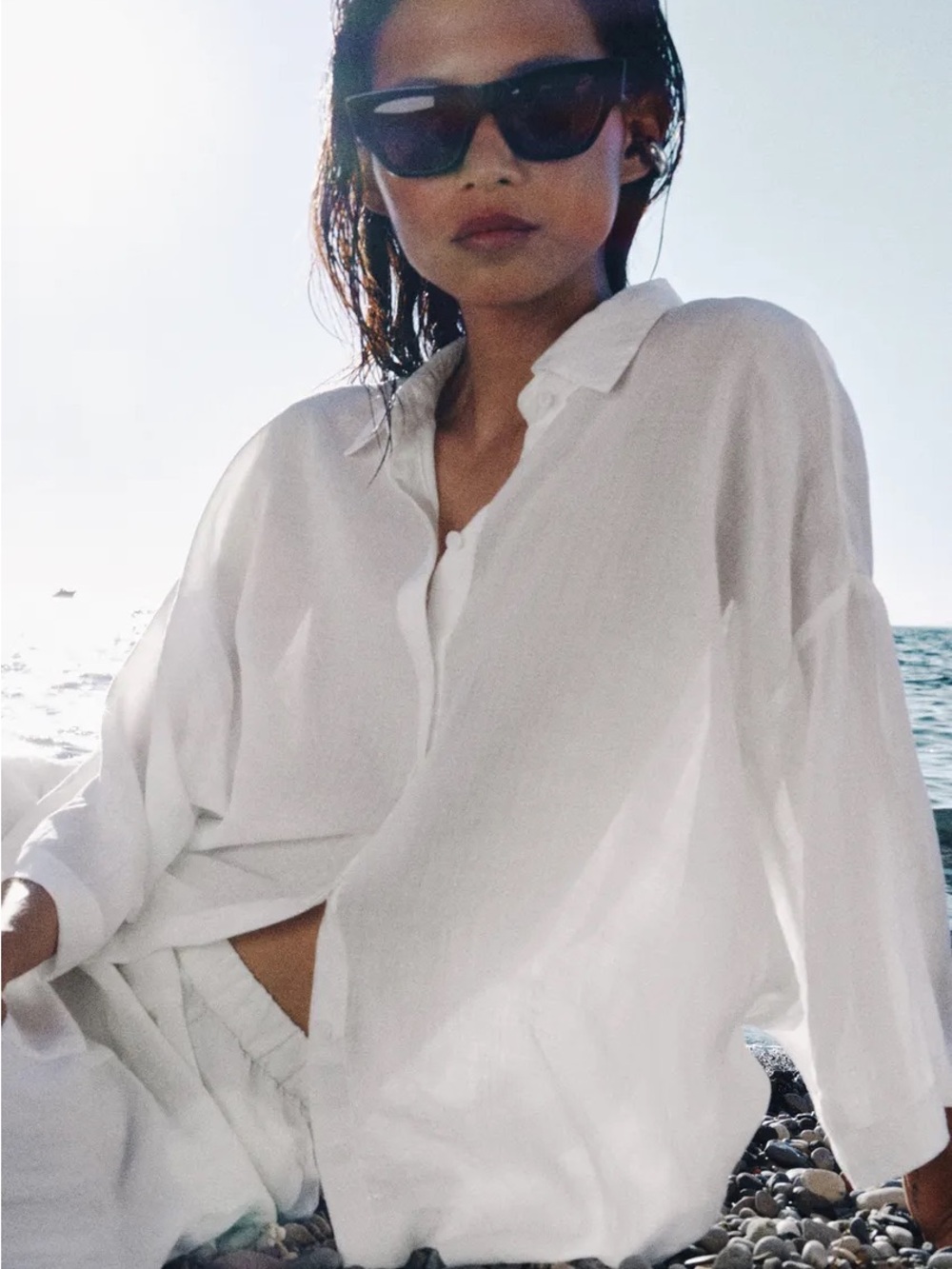 Zara Oversized White Linen Button-Up Shirt - Size L